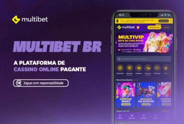 Essa imagem é um anúncio promocional da Multibet BR, uma plataforma de cassino online. O destaque fica por conta do nome da plataforma, escrito em letras grandes e chamativas, seguido pelo slogan: "A PLATAFORMA DE CASSINO ONLINE PAGANTE". O anúncio enfatiza a importância do jogo responsável, incluindo um aviso "Jogue com responsabilidade" ao lado do símbolo de 18+, alertando que o conteúdo é exclusivo para maiores de idade. À direita, há um smartphone exibindo a interface do aplicativo Multibet, que apresenta diversas categorias como Esportes, Apostas, Cassino, Cassino Ao Vivo, E-Sports e Mineir. Também são mostrados jogos populares como "Fortune Snake", "Voe Alto No Aviator", e "Fortune Rabbit".
