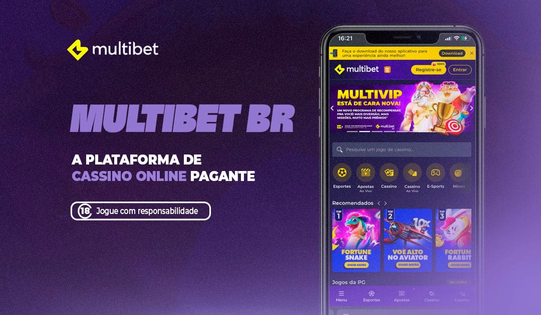 Essa imagem é um anúncio promocional da Multibet BR, uma plataforma de cassino online. O destaque fica por conta do nome da plataforma, escrito em letras grandes e chamativas, seguido pelo slogan: "A PLATAFORMA DE CASSINO ONLINE PAGANTE". O anúncio enfatiza a importância do jogo responsável, incluindo um aviso "Jogue com responsabilidade" ao lado do símbolo de 18+, alertando que o conteúdo é exclusivo para maiores de idade. À direita, há um smartphone exibindo a interface do aplicativo Multibet, que apresenta diversas categorias como Esportes, Apostas, Cassino, Cassino Ao Vivo, E-Sports e Mineir. Também são mostrados jogos populares como "Fortune Snake", "Voe Alto No Aviator", e "Fortune Rabbit".