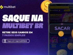 Essa imagem é um anúncio da Multibet, uma plataforma de apostas. O destaque principal é a mensagem sobre o saque de ganhos, mencionando que pode ser feito em 7 passos simples. Também há um aviso de jogo responsável e um símbolo de restrição para maiores de 18 anos. A presença do botão “SACAR” e das moedas douradas com cifrões reforça a ideia de ganhos e retiradas.