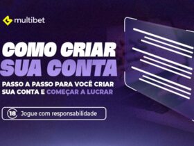 A imagem é um anúncio da Multibet, uma plataforma de apostas. O texto nela fornece um guia passo a passo para criar uma conta e começar a lucrar. Também inclui um aviso de que o serviço é para maiores de 18 anos e incentiva o jogo responsável.
