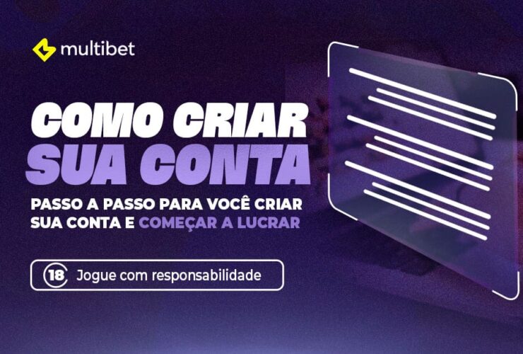 A imagem é um anúncio da Multibet, uma plataforma de apostas. O texto nela fornece um guia passo a passo para criar uma conta e começar a lucrar. Também inclui um aviso de que o serviço é para maiores de 18 anos e incentiva o jogo responsável.