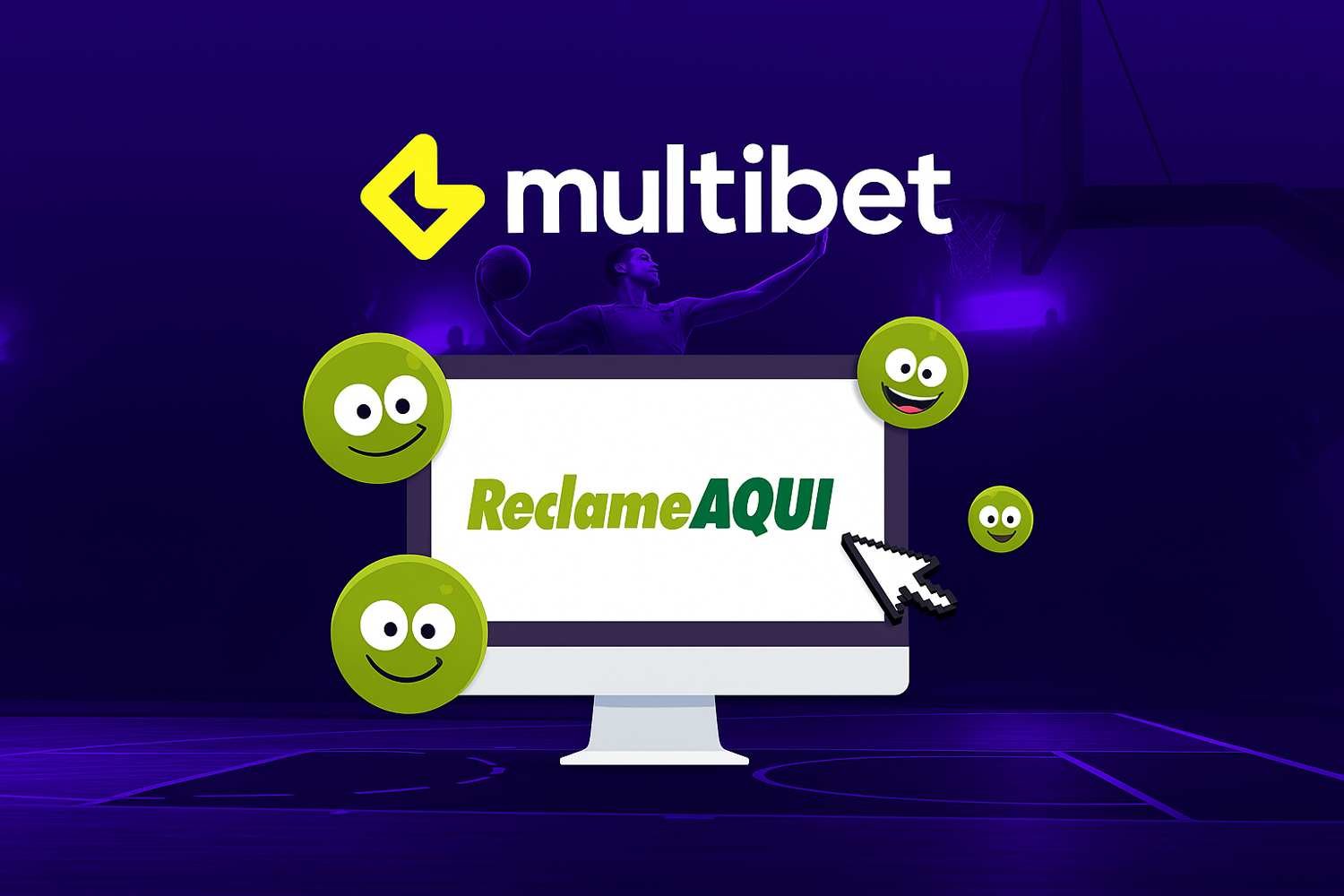 A Multibet tem reclamações no Reclame Aqui? Saiba a Verdade! 2 (A Multibet tem reclamações no Reclame Aqui). Esta imagem é uma peça promocional da "multibet", com um destaque para o logo em amarelo e branco sobre um fundo roxo escuro. O elemento central é um monitor exibindo "ReclameAQUI" em verde e amarelo, com diversos rostos sorridentes ao redor—provavelmente representando avaliações ou experiências de usuários. Também há um cursor apontando para o texto na tela.O fundo sugere um ambiente esportivo, possivelmente uma quadra de basquete, mas está escurecido, o que coloca mais ênfase na mensagem promocional. A imagem pode indicar uma relação entre "multibet" e "ReclameAQUI".